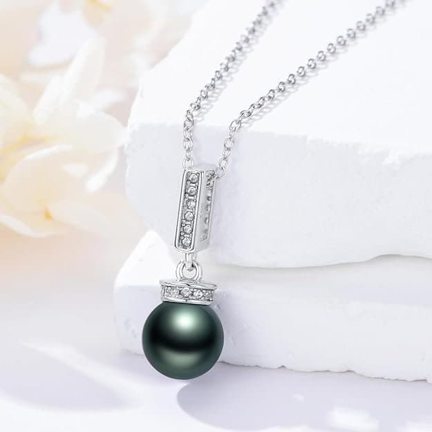 9-10mm Tahitian Pearl Necklace, Sterling Silver, Moissanite, 18+2" - Thumbnail 4
