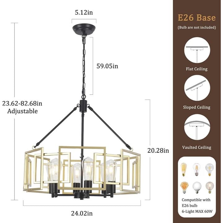 6-Light 24" Industrial Farmhouse Chandelier with Metal Geometric Shade for - Thumbnail 4