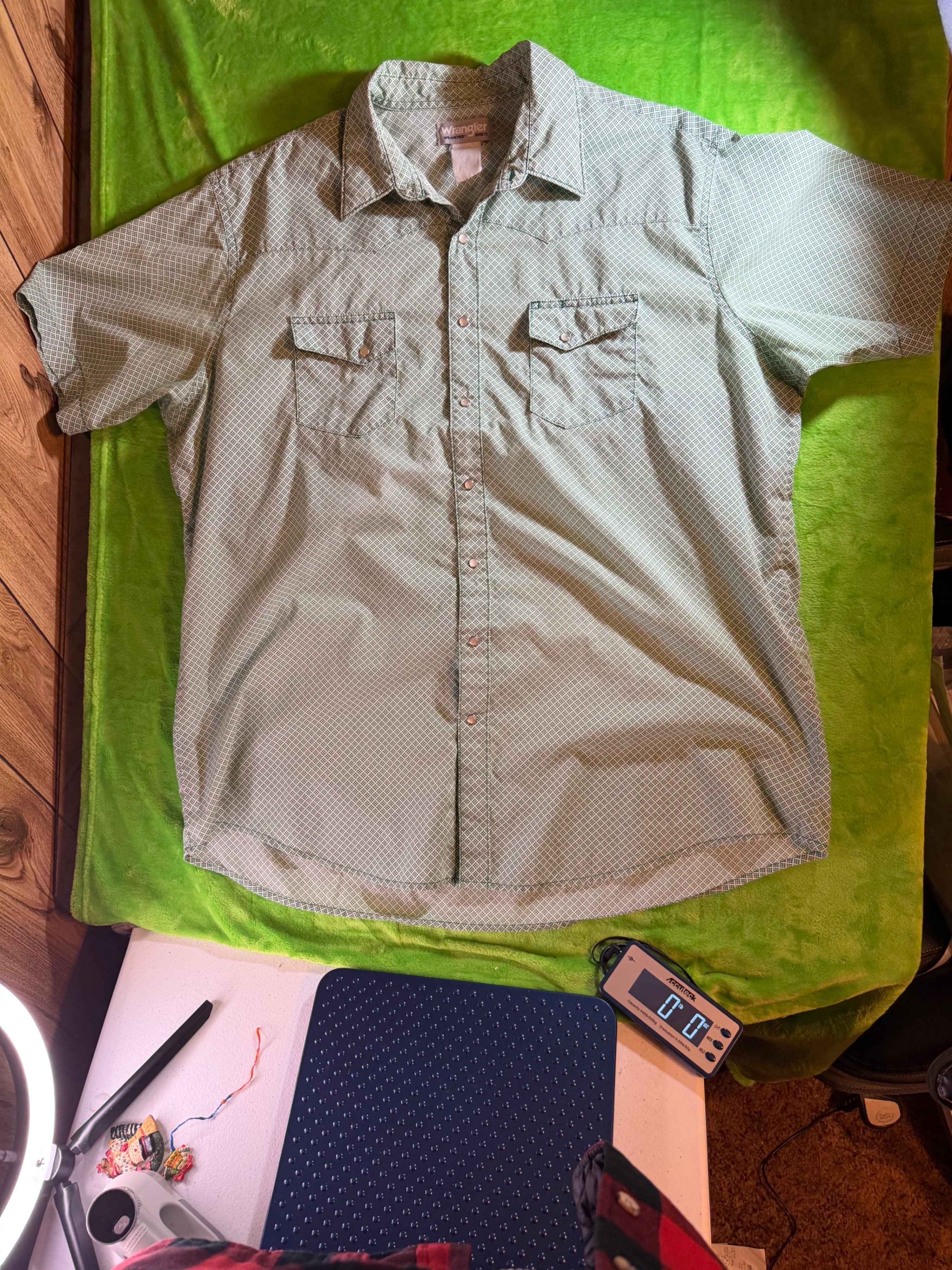 Wrangler Wrancher Green Pearl Snap Western Shirt Short Sleeve M