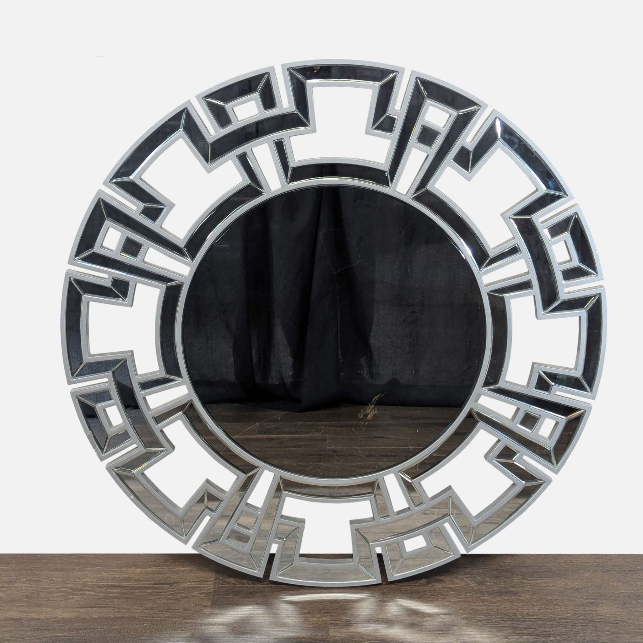 Wood and Beveled Glass Round Mirror