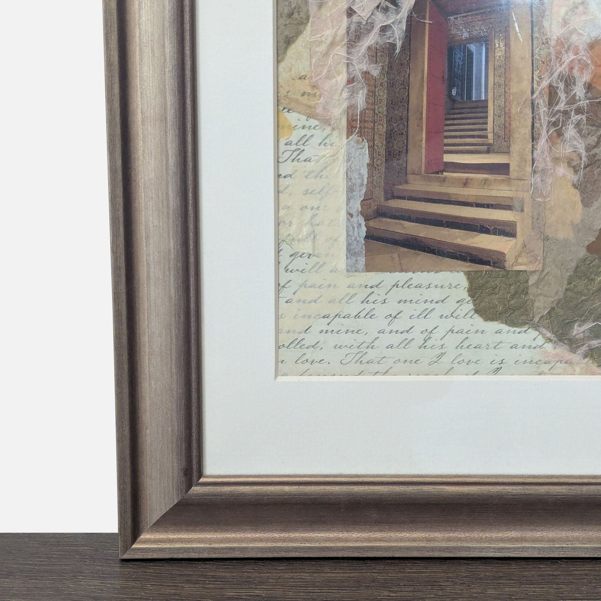 Framed Art Print: Layered Stairways Collage with Script Background - Thumbnail 2