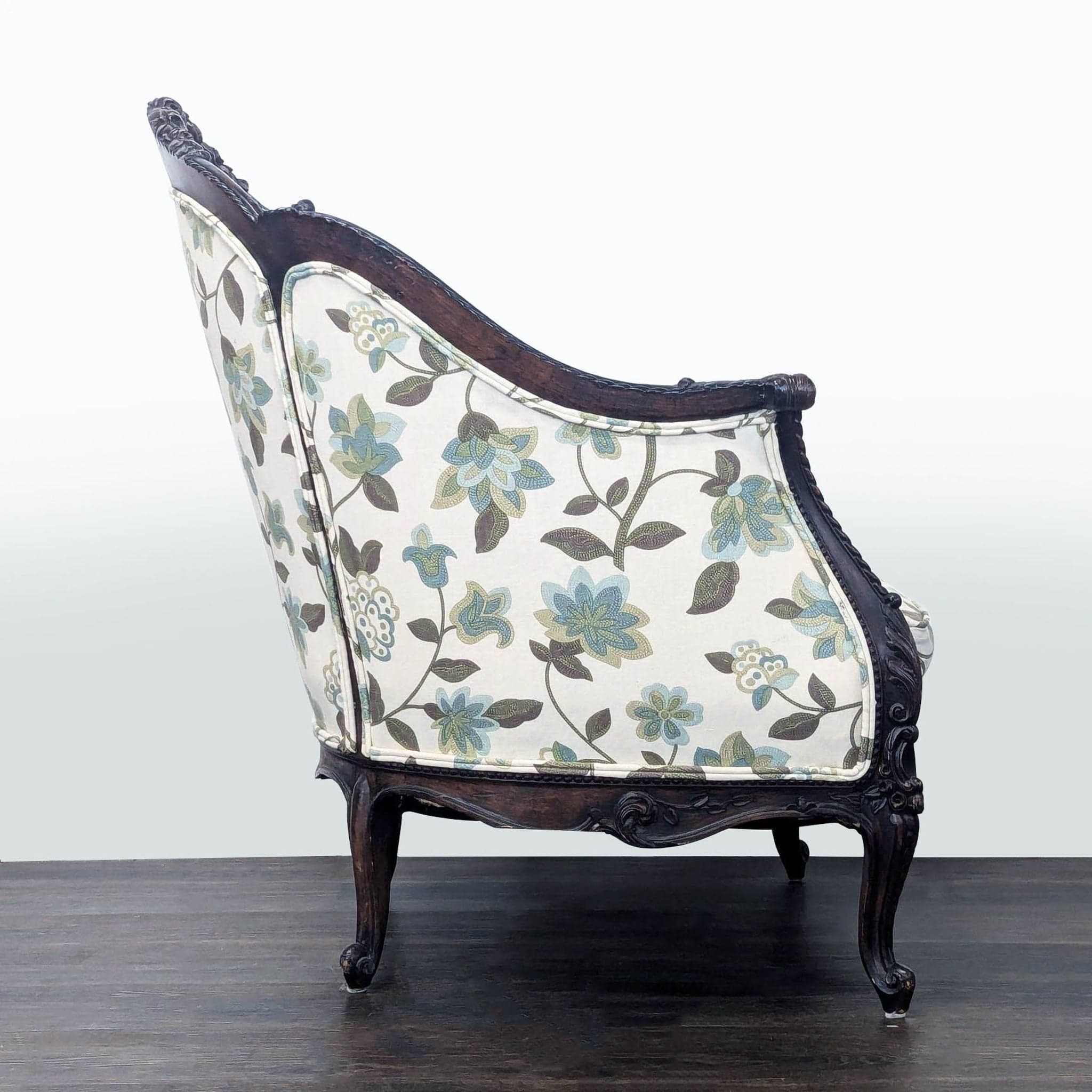 Victorian Rococo Revival Carved Bergère Lounge Chair with Floral Upholstery - Thumbnail 3