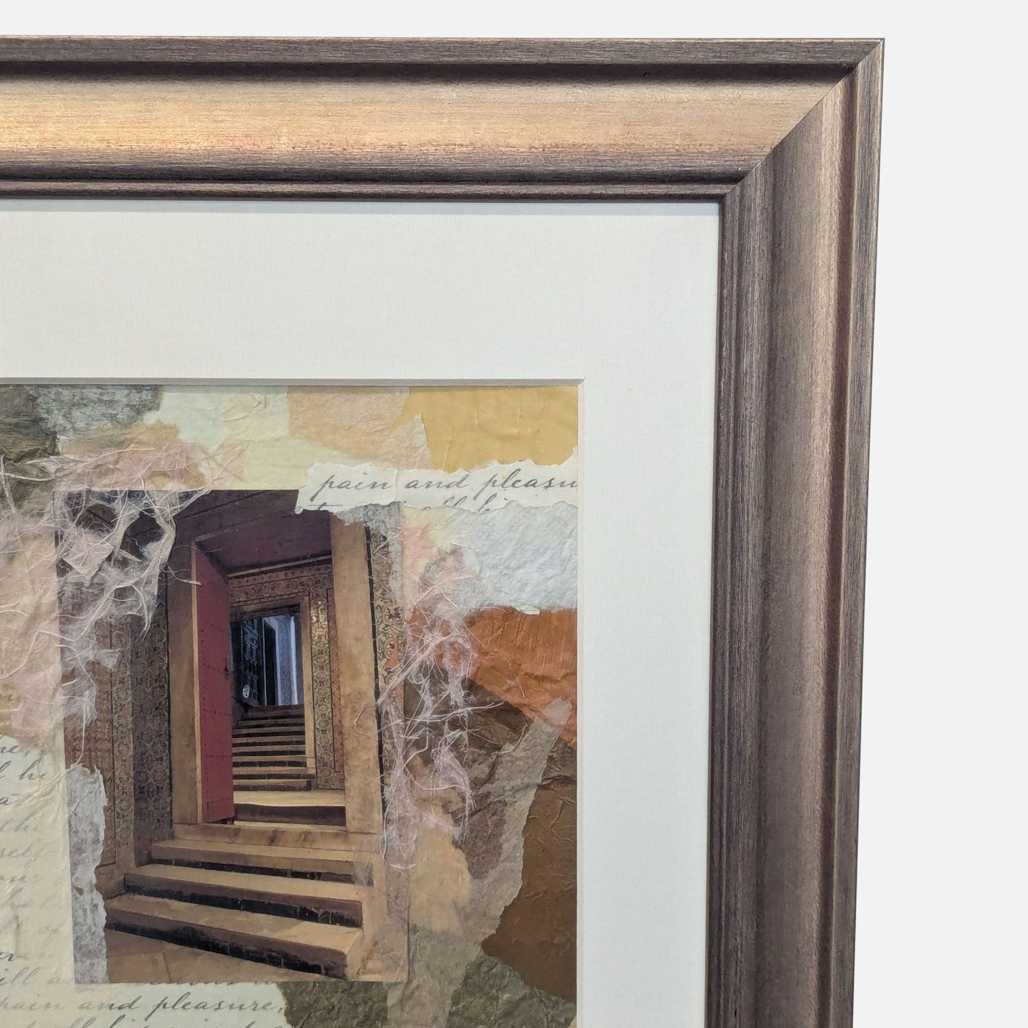 Framed Art Print: Layered Stairways Collage with Script Background - Thumbnail 3