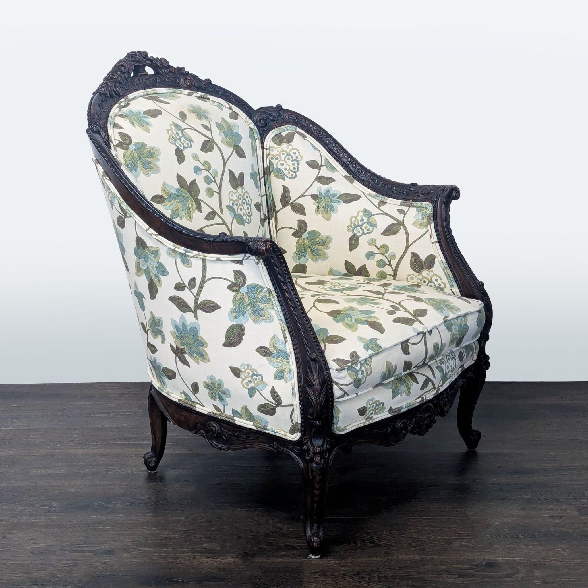 Victorian Rococo Revival Carved Bergère Lounge Chair with Floral Upholstery - Thumbnail 2