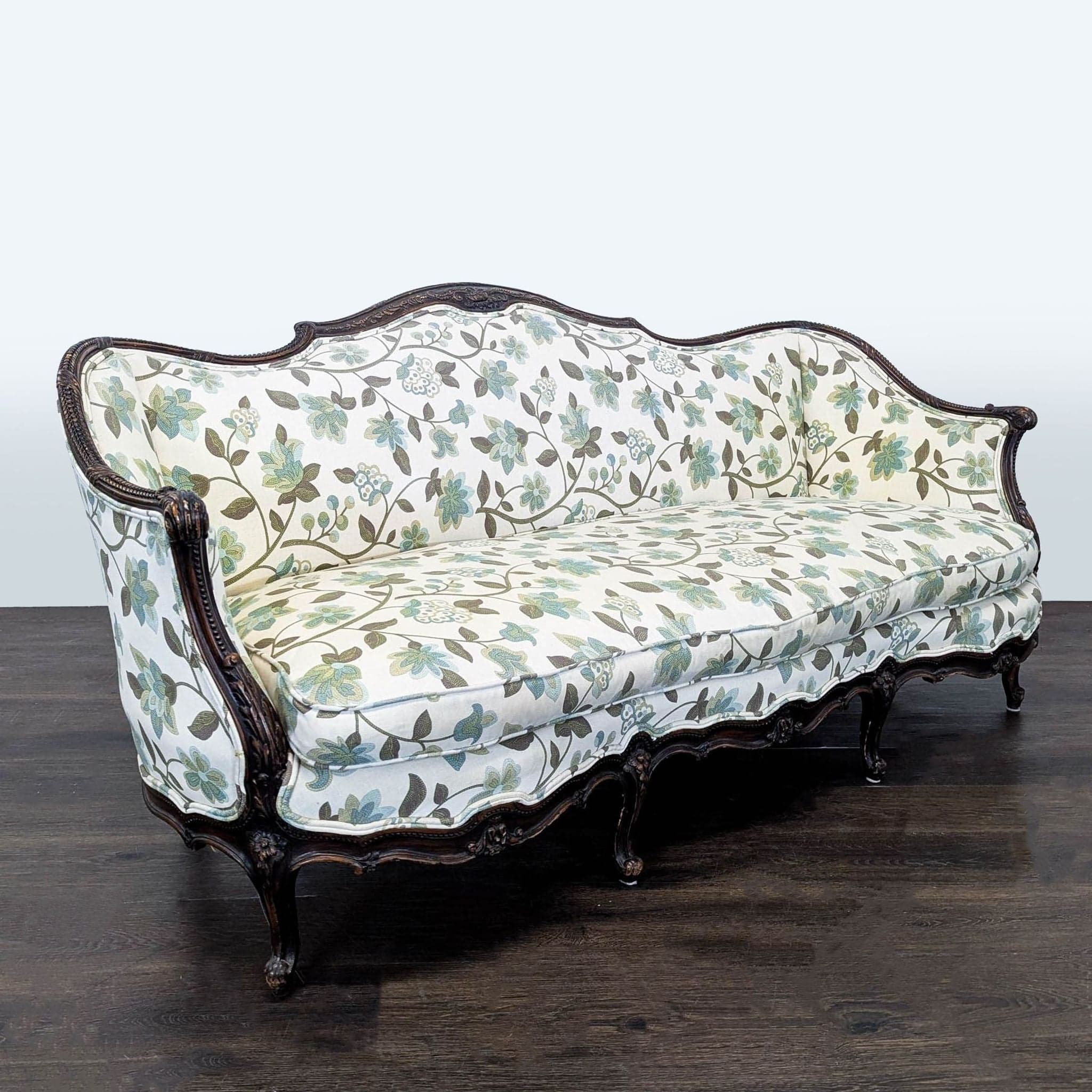 Charming Vintage 3-Seat Sofa with Floral Upholstery and Carved Wood Frame - Thumbnail 2