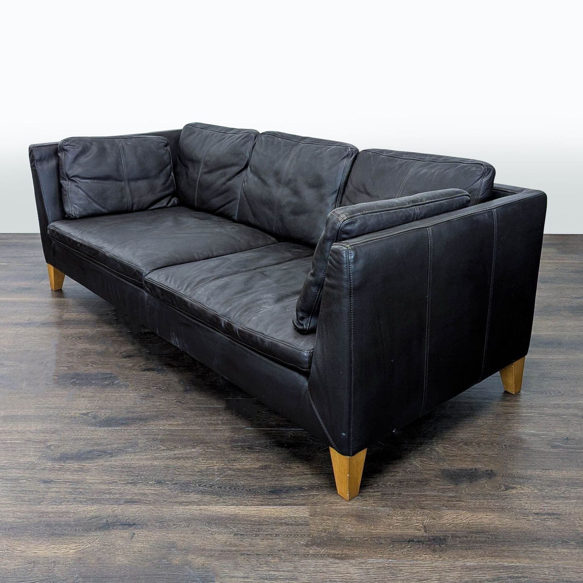 Ikea 3-Seat Dark Leather Sofa with Wooden Legs - Thumbnail 8