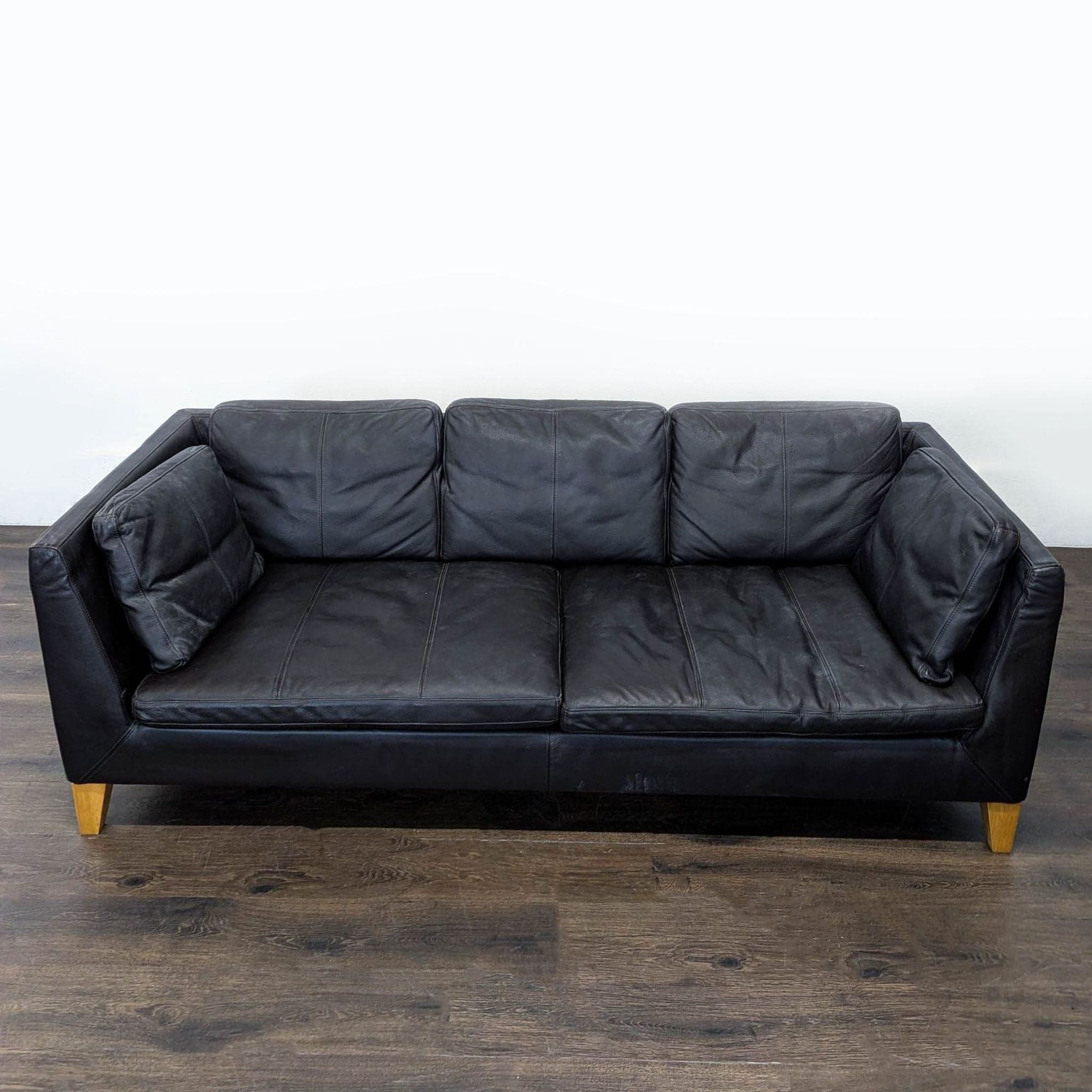 Ikea 3-Seat Dark Leather Sofa with Wooden Legs - Thumbnail 3