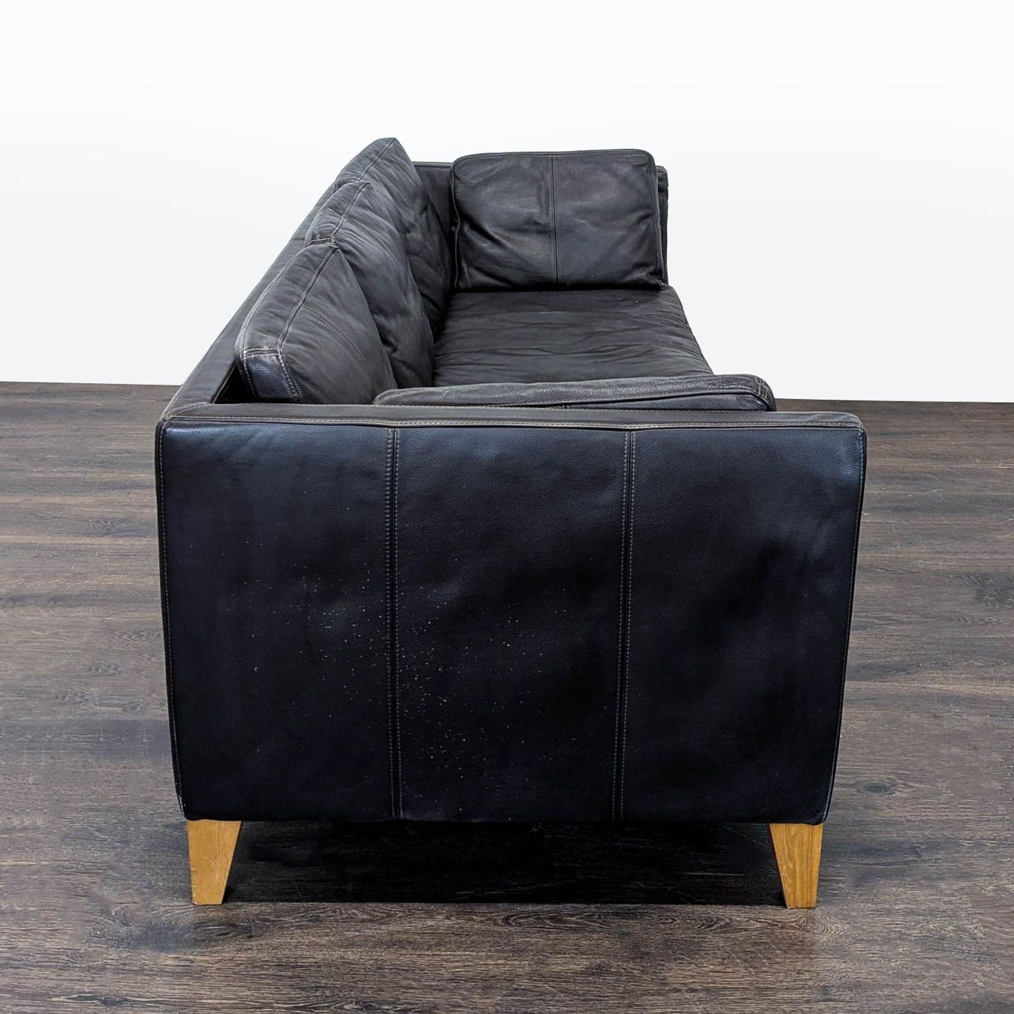 Ikea 3-Seat Dark Leather Sofa with Wooden Legs - Thumbnail 4