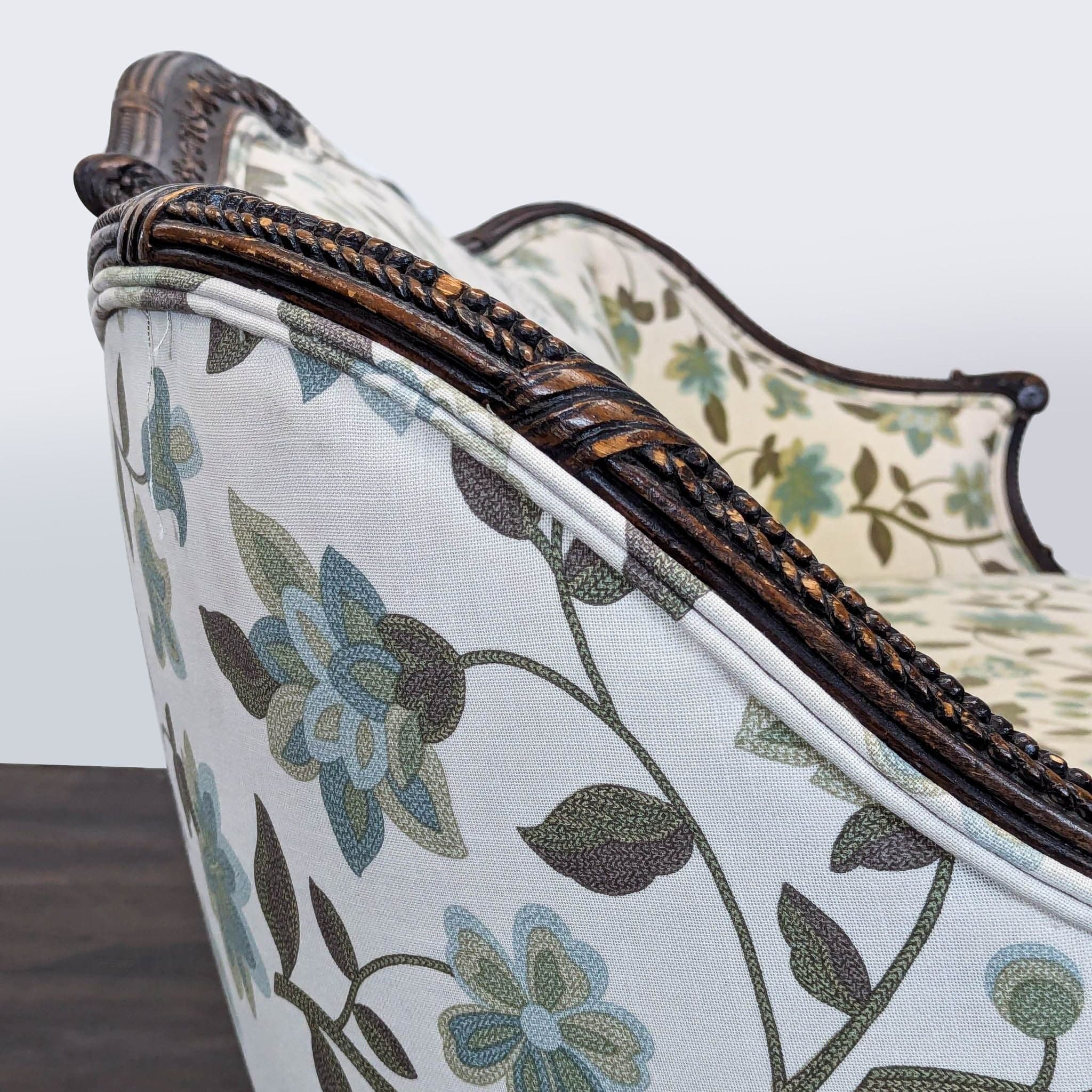 Charming Vintage 3-Seat Sofa with Floral Upholstery and Carved Wood Frame - Thumbnail 8