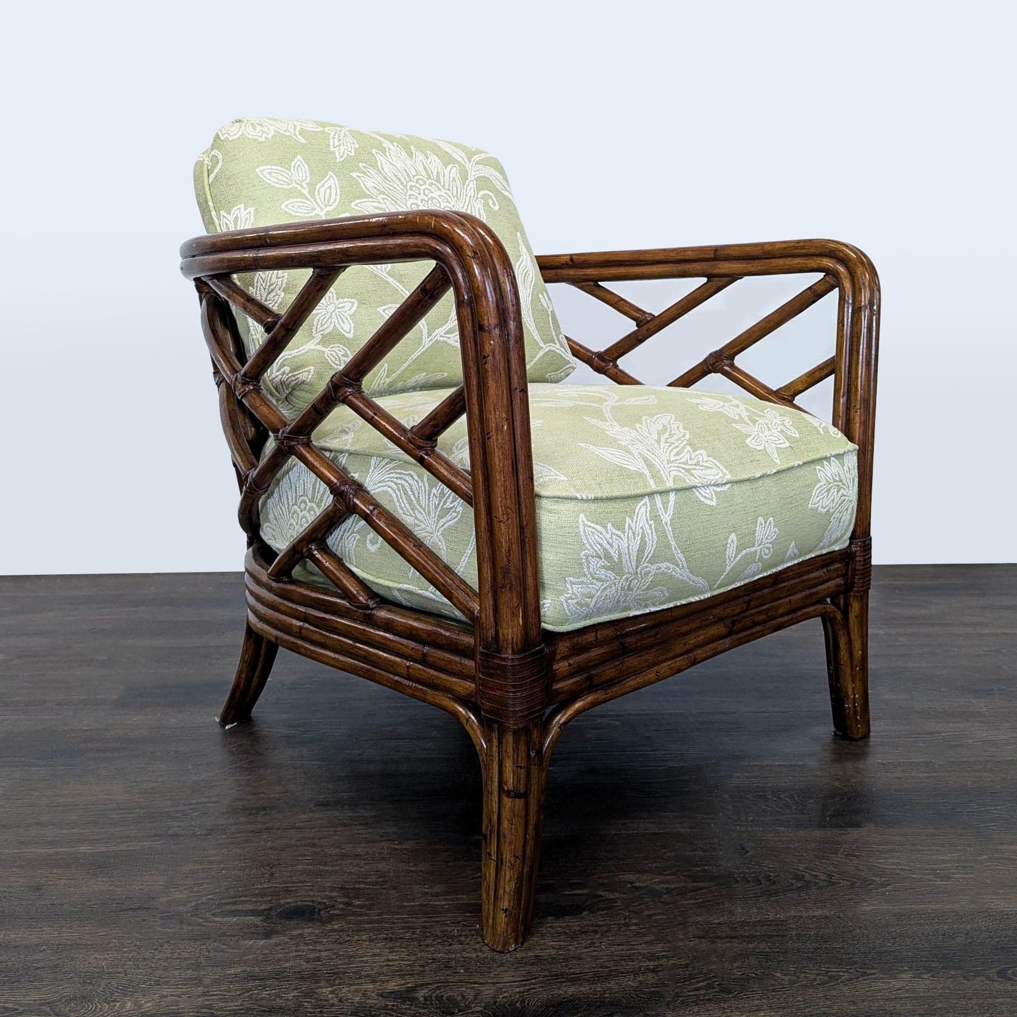 Rattan Lounge Chair with Floral Green Cushions - Thumbnail 2