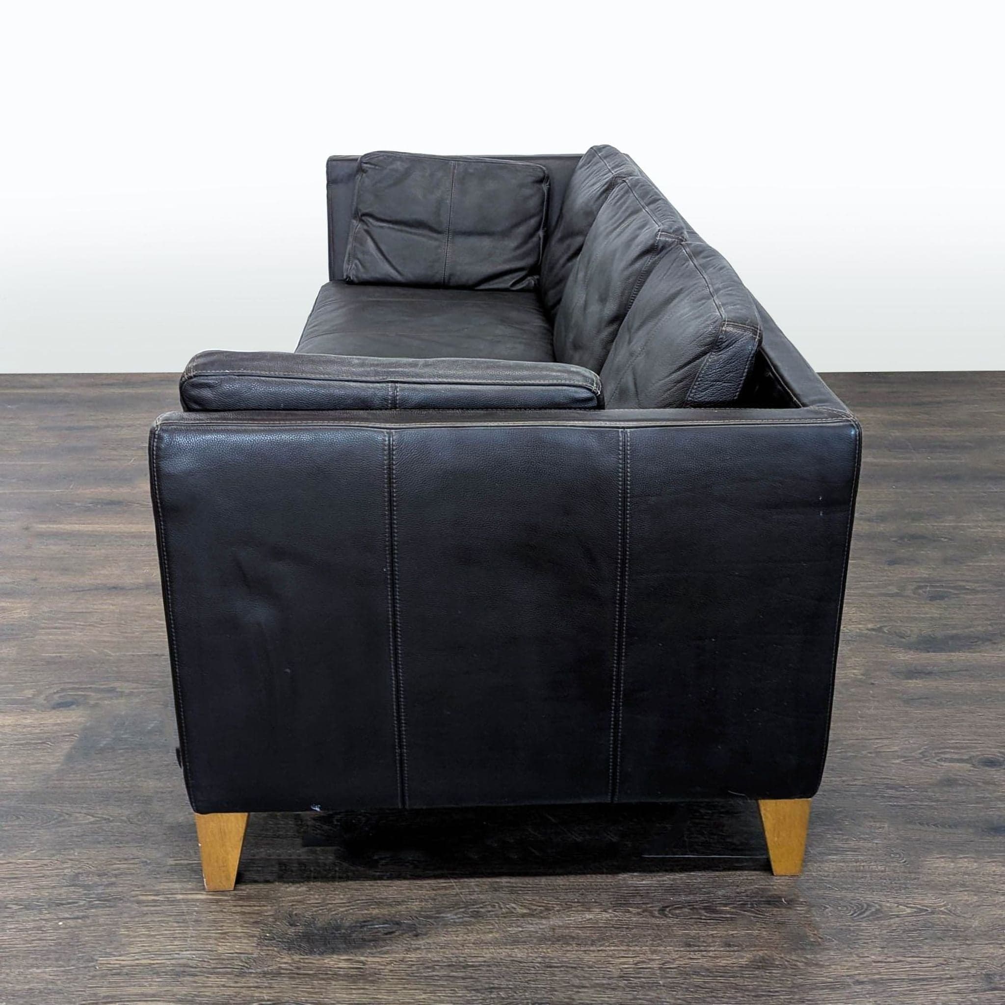 Ikea 3-Seat Dark Leather Sofa with Wooden Legs - Thumbnail 6