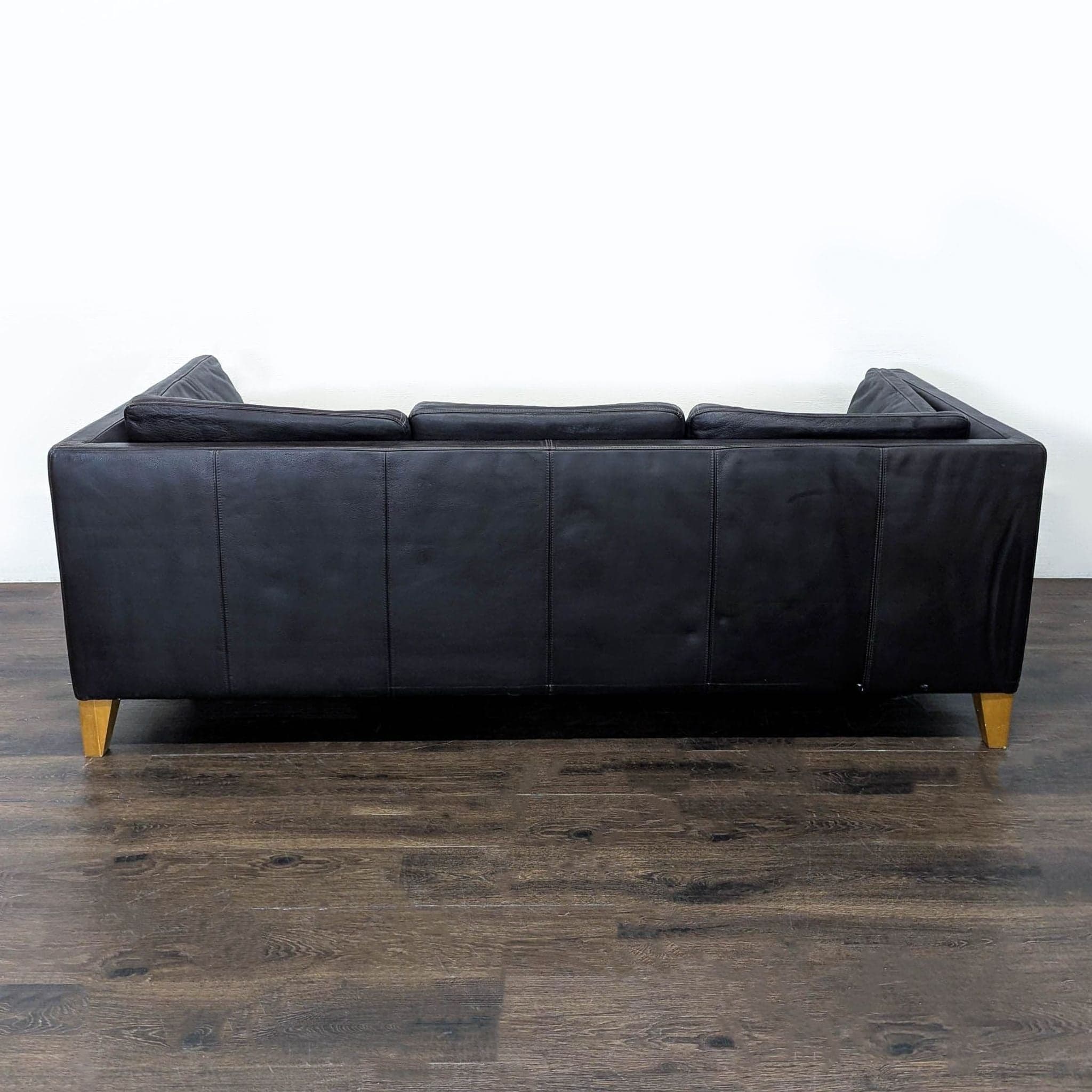 Ikea 3-Seat Dark Leather Sofa with Wooden Legs - Thumbnail 5