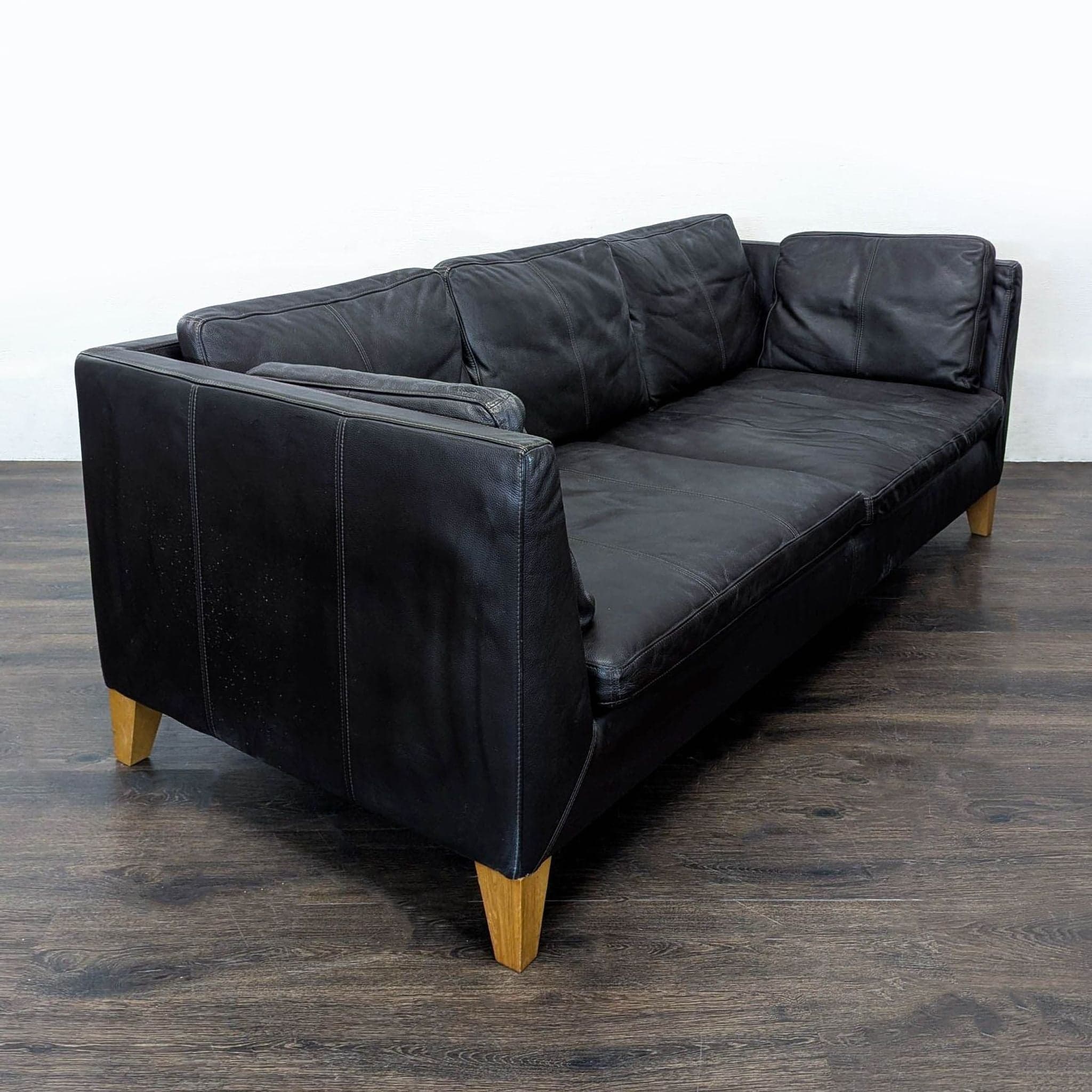 Ikea 3-Seat Dark Leather Sofa with Wooden Legs - Thumbnail 2