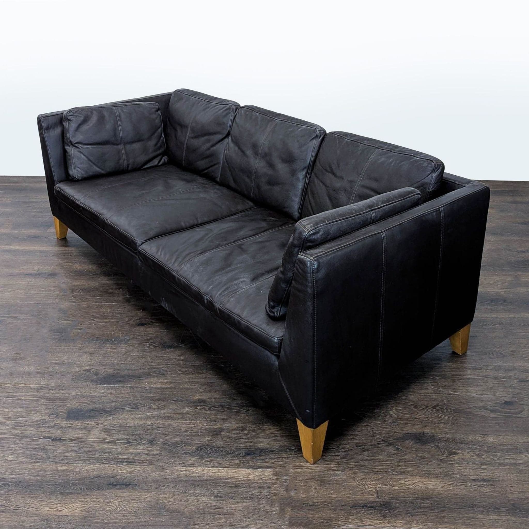 Ikea 3-Seat Dark Leather Sofa with Wooden Legs - Thumbnail 7
