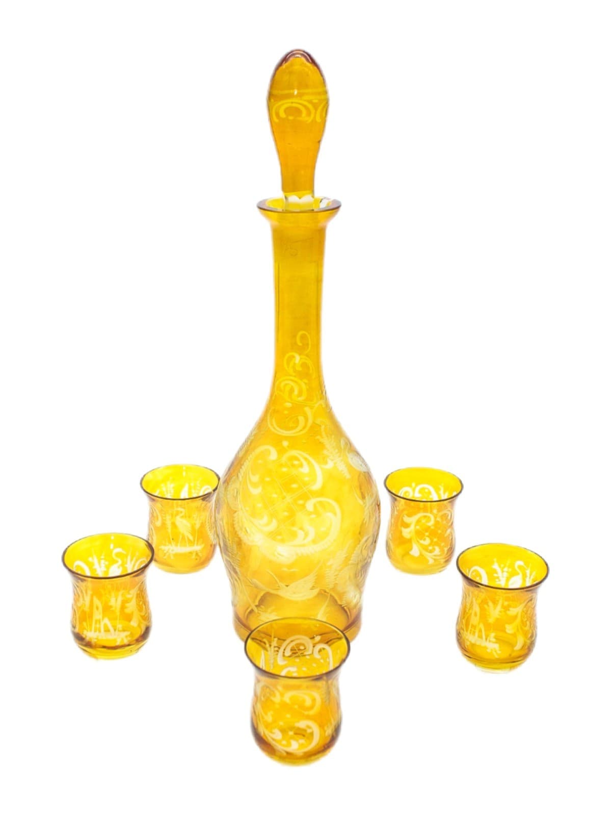 Vintage Egermann Bohemian Amber Cut To Clear Glass Decanter 5 Shot Glasses Set