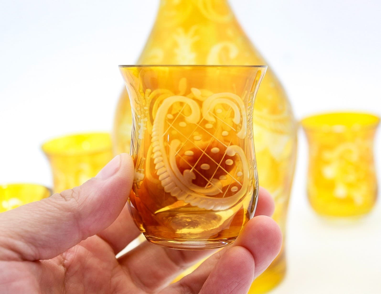 Vintage Egermann Bohemian Amber Cut To Clear Glass Decanter 5 Shot Glasses Set - Thumbnail 6