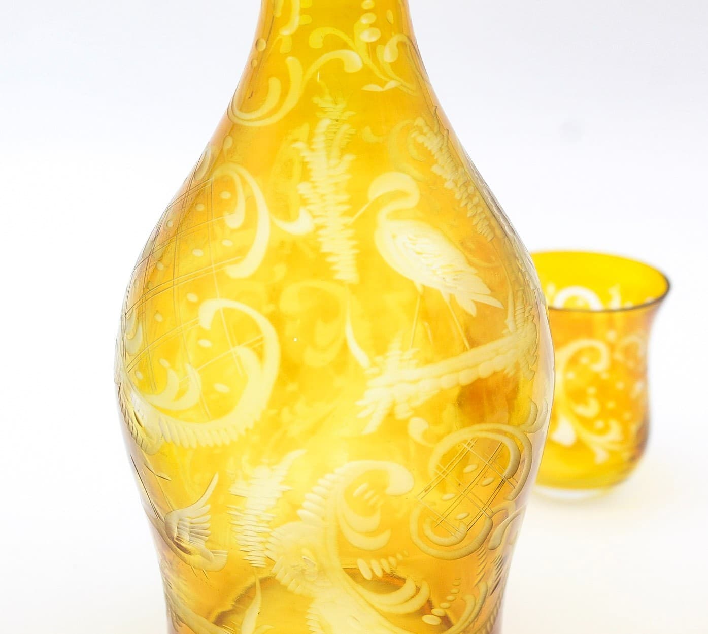 Vintage Egermann Bohemian Amber Cut To Clear Glass Decanter 5 Shot Glasses Set - Thumbnail 8