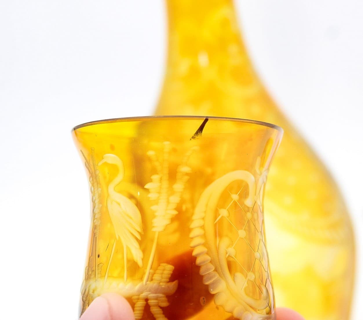 Vintage Egermann Bohemian Amber Cut To Clear Glass Decanter 5 Shot Glasses Set - Thumbnail 7