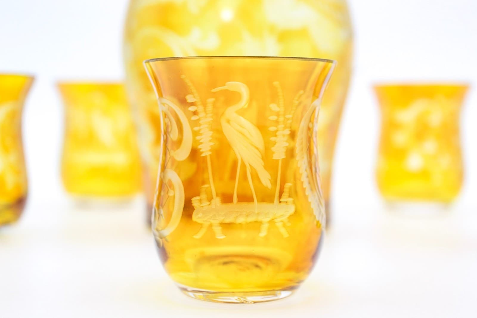 Vintage Egermann Bohemian Amber Cut To Clear Glass Decanter 5 Shot Glasses Set - Thumbnail 5