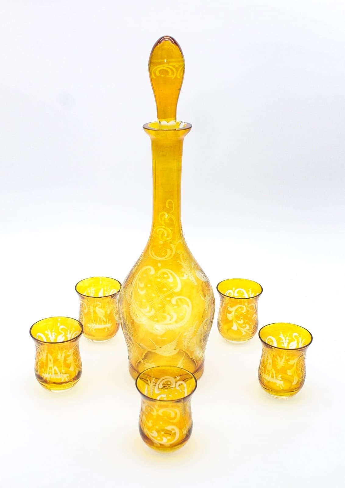 Vintage Egermann Bohemian Amber Cut To Clear Glass Decanter 5 Shot Glasses Set - Thumbnail 11