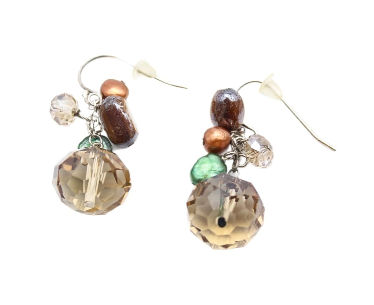 Vintage Sterling Silver 925 Pearl Smoky Quartz Crystal Cluster Drop Earrings