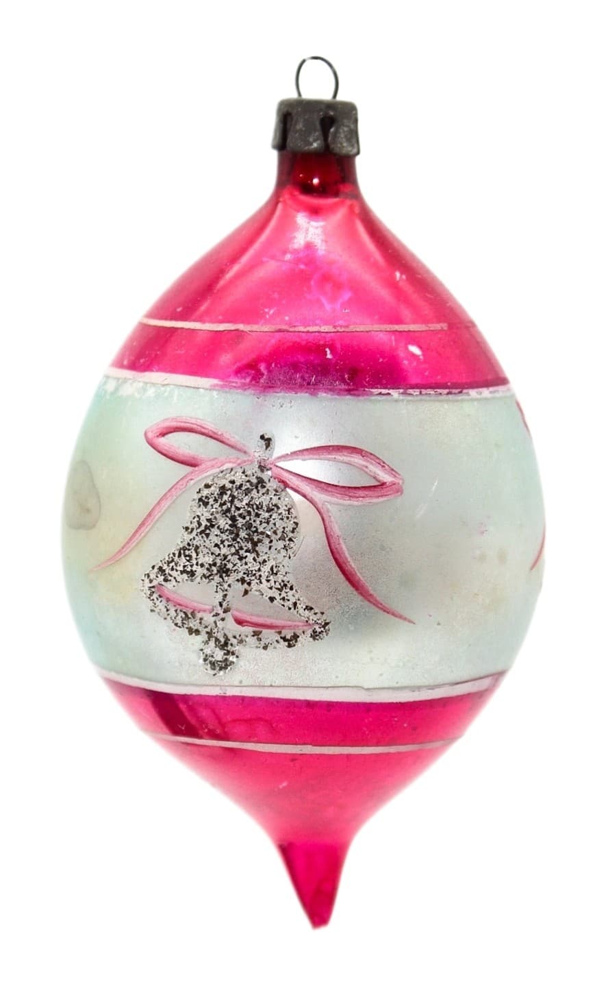 Vintage Poland Pink Silver Mica Glitter Bell Glass Teardrop Christmas Ornament