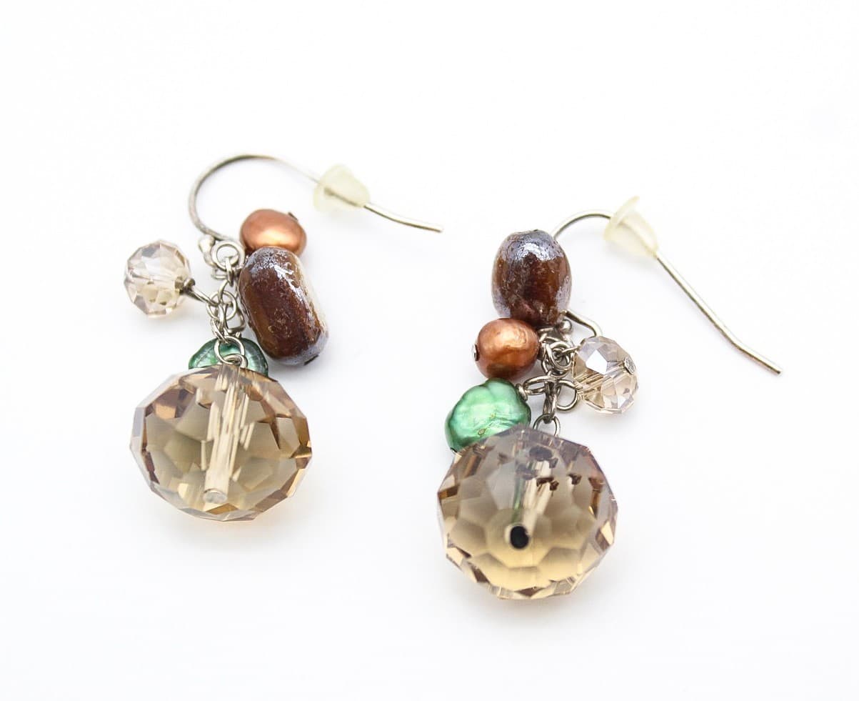 Vintage Sterling Silver 925 Pearl Smoky Quartz Crystal Cluster Drop Earrings - Thumbnail 5