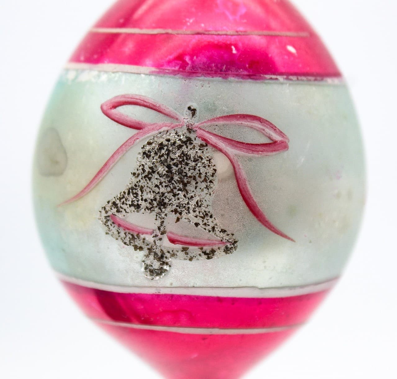 Vintage Poland Pink Silver Mica Glitter Bell Glass Teardrop Christmas Ornament - Thumbnail 2