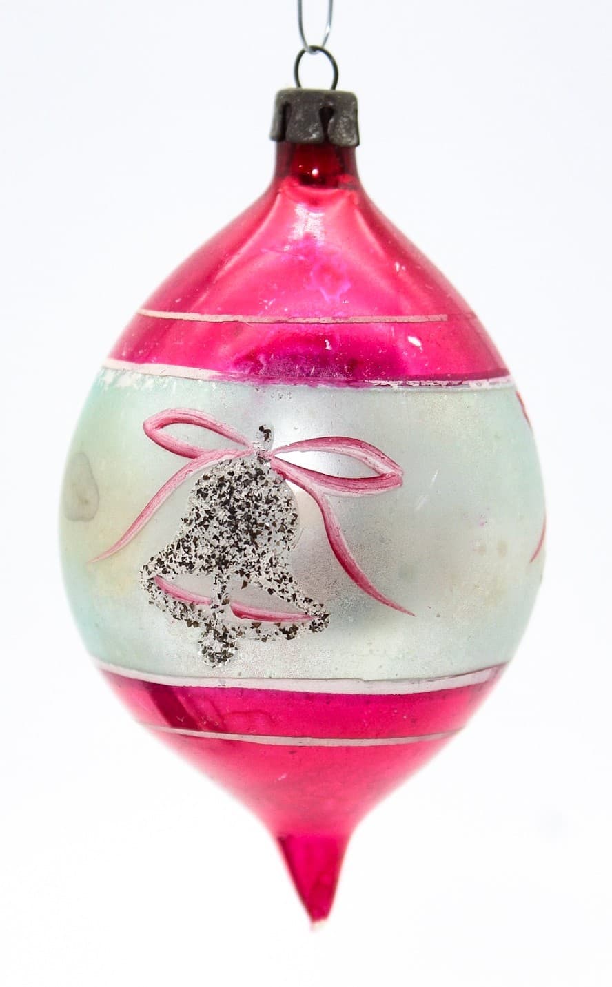Vintage Poland Pink Silver Mica Glitter Bell Glass Teardrop Christmas Ornament - Thumbnail 7