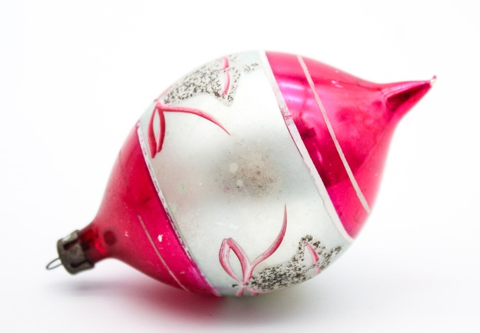 Vintage Poland Pink Silver Mica Glitter Bell Glass Teardrop Christmas Ornament - Thumbnail 6
