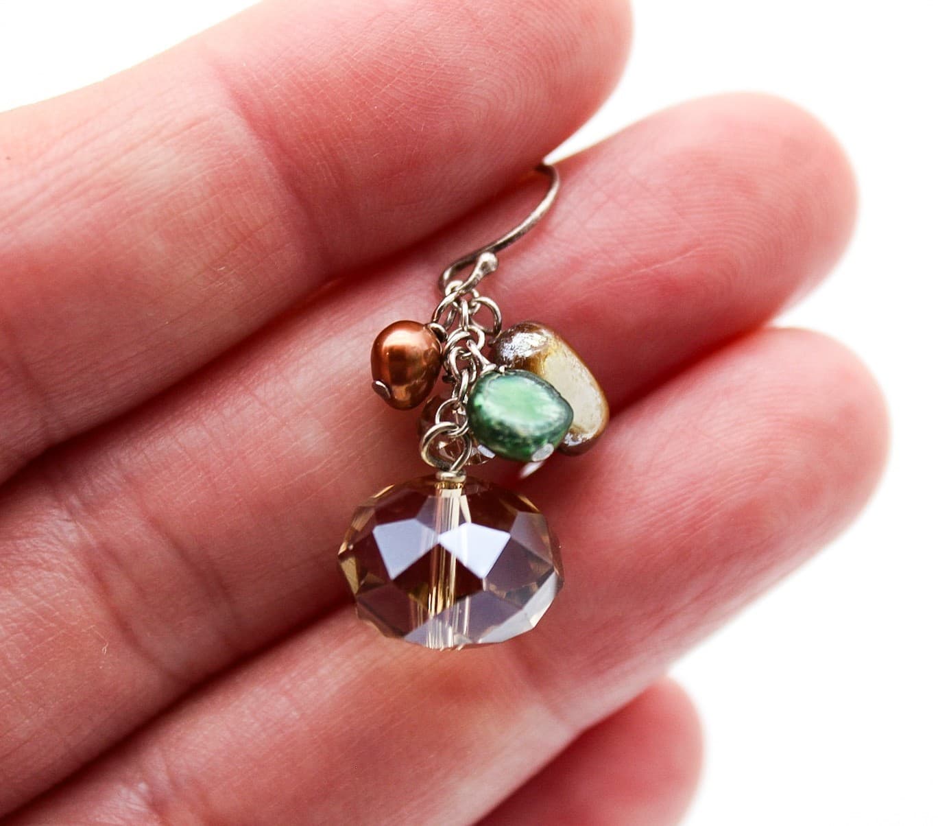 Vintage Sterling Silver 925 Pearl Smoky Quartz Crystal Cluster Drop Earrings - Thumbnail 4