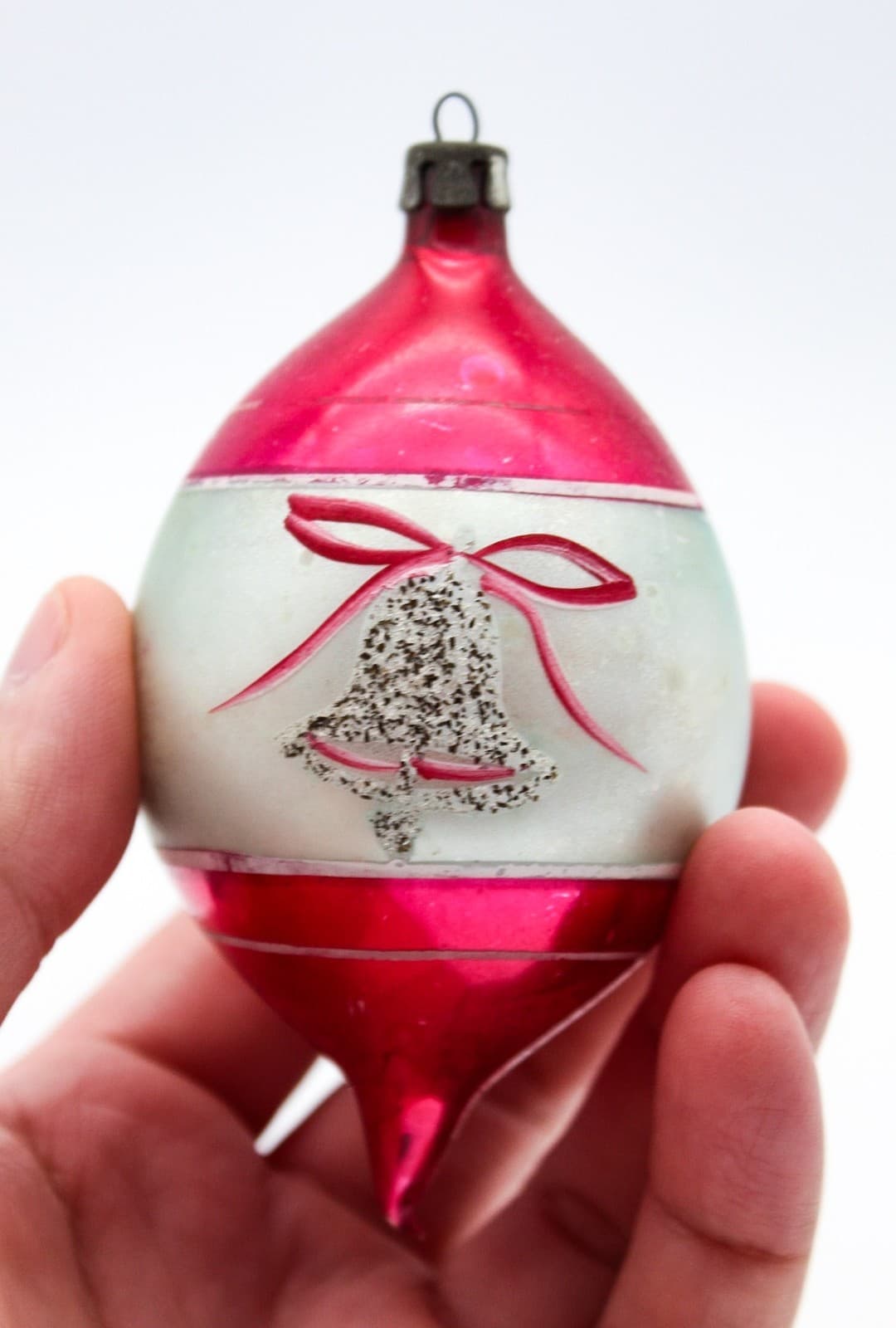 Vintage Poland Pink Silver Mica Glitter Bell Glass Teardrop Christmas Ornament - Thumbnail 3