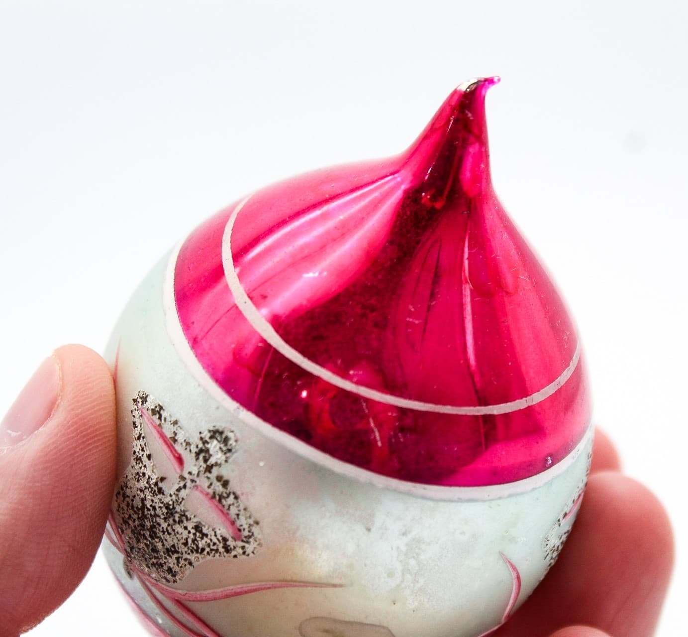 Vintage Poland Pink Silver Mica Glitter Bell Glass Teardrop Christmas Ornament - Thumbnail 5