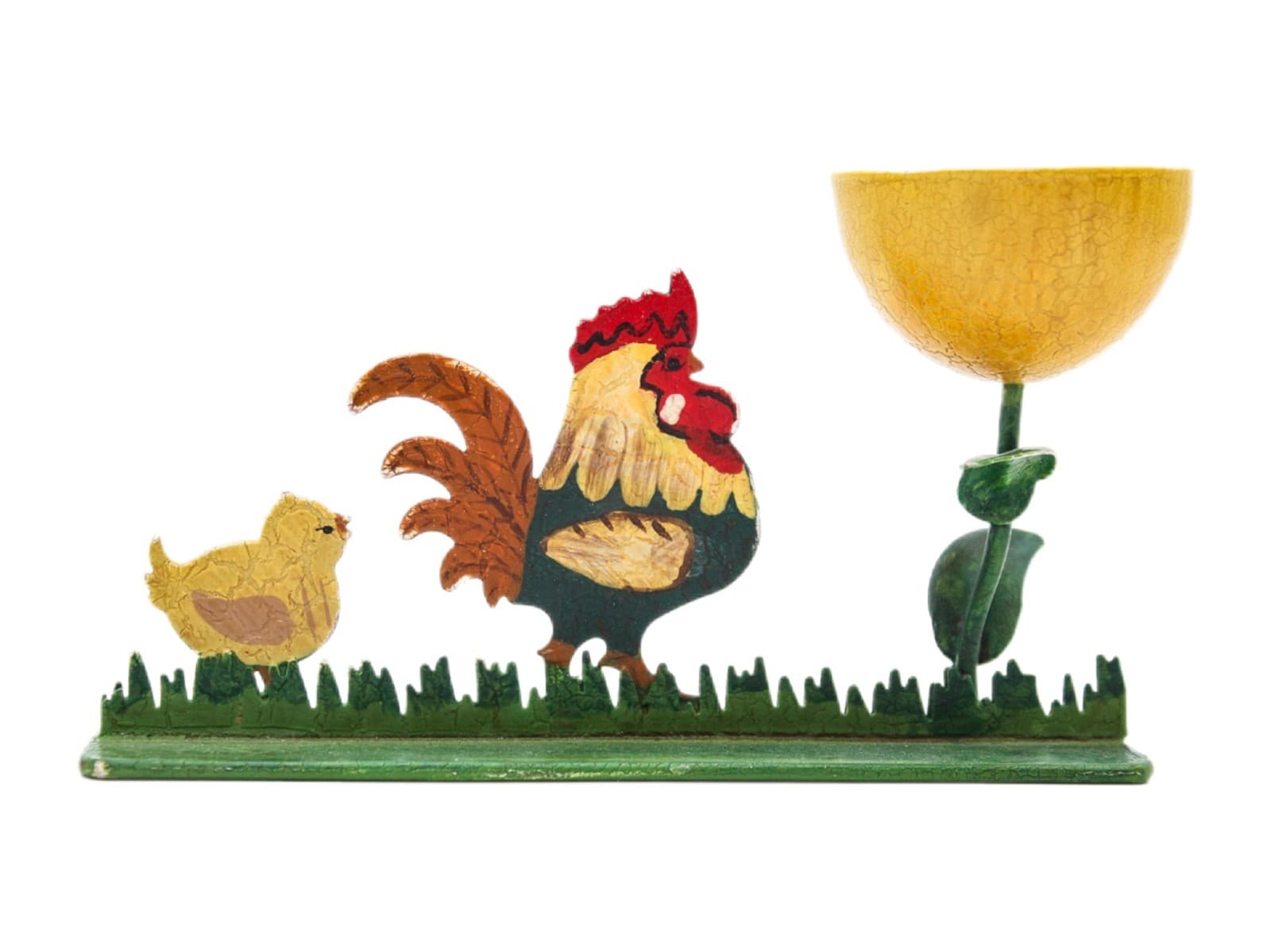 Rooster & Chick Hand Painted Metal Holiday Easter Farmhouse Egg Cup Holder