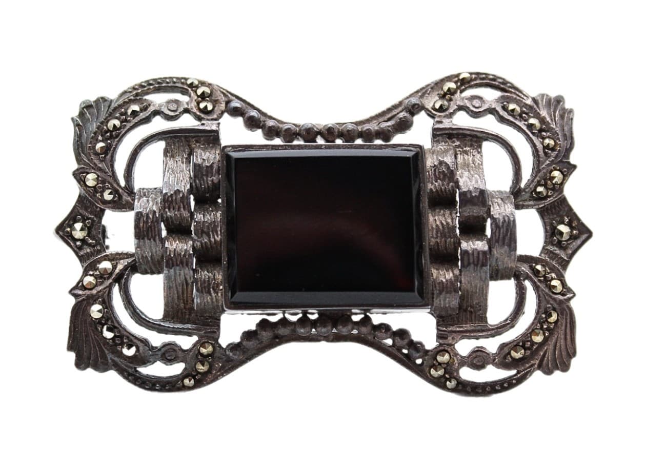 Vintage Art Deco 925 Sterling Silver Black Onyx Marcasite Filigree Brooch Pin