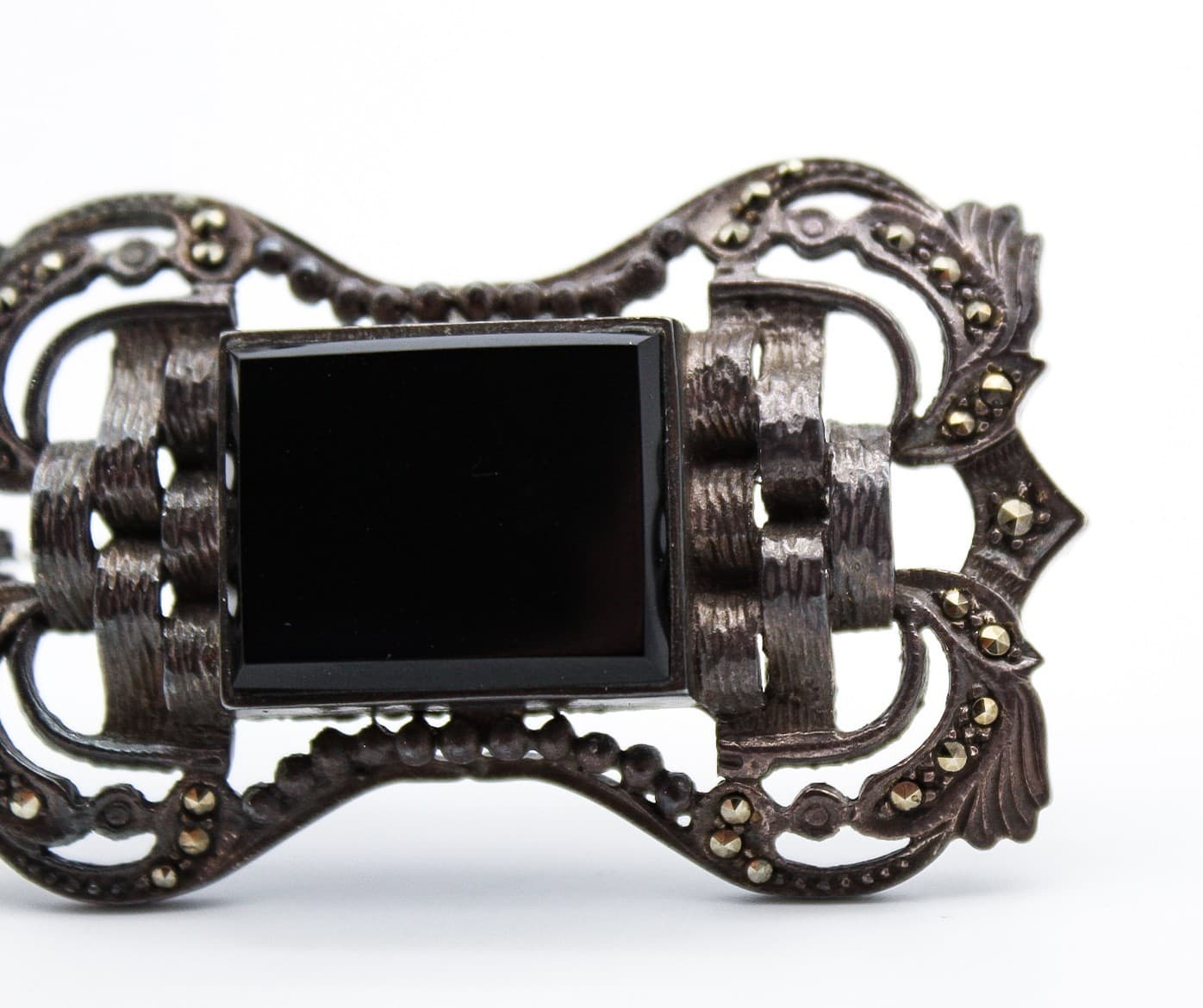 Vintage Art Deco 925 Sterling Silver Black Onyx Marcasite Filigree Brooch Pin - Thumbnail 2