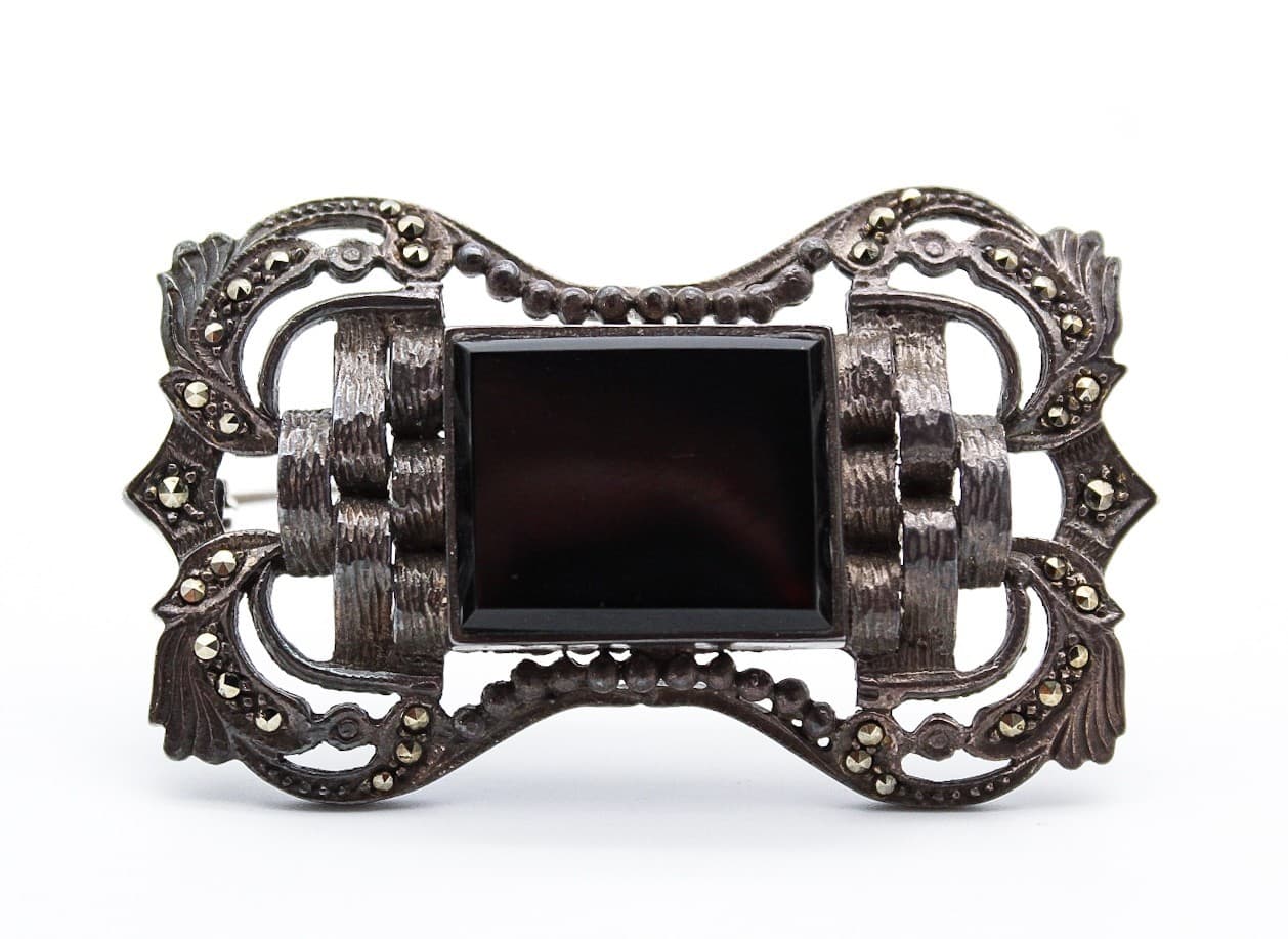 Vintage Art Deco 925 Sterling Silver Black Onyx Marcasite Filigree Brooch Pin - Thumbnail 8
