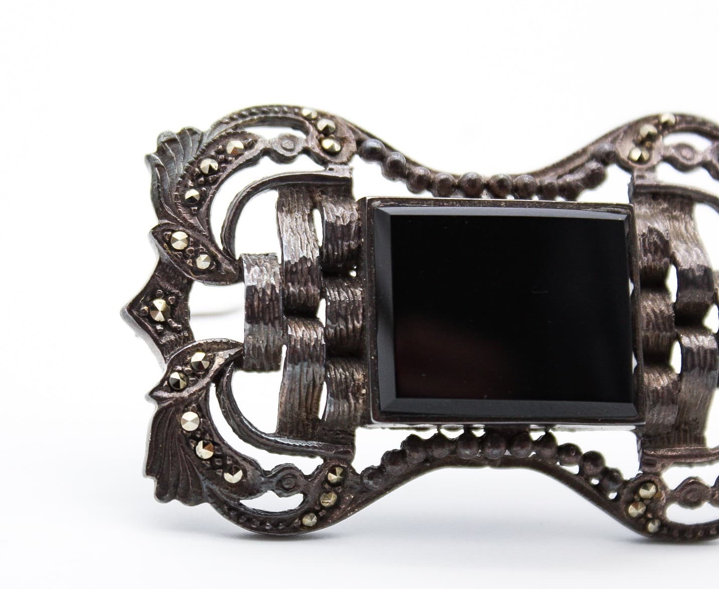 Vintage Art Deco 925 Sterling Silver Black Onyx Marcasite Filigree Brooch Pin - Thumbnail 3