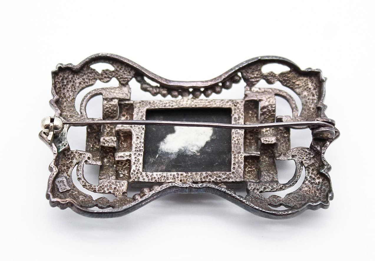 Vintage Art Deco 925 Sterling Silver Black Onyx Marcasite Filigree Brooch Pin - Thumbnail 6