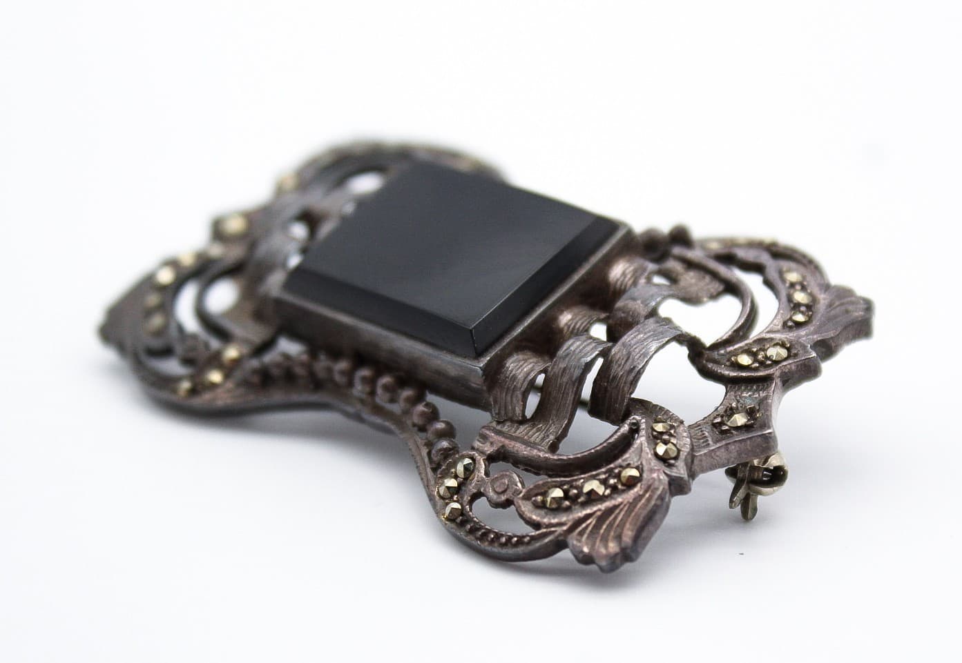 Vintage Art Deco 925 Sterling Silver Black Onyx Marcasite Filigree Brooch Pin - Thumbnail 5