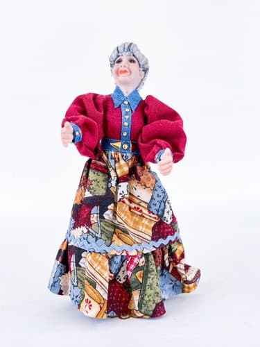 Vintage Patchwork Fashion Dress Grandma Gray Hair Miniature Porcelain Doll - Thumbnail 5
