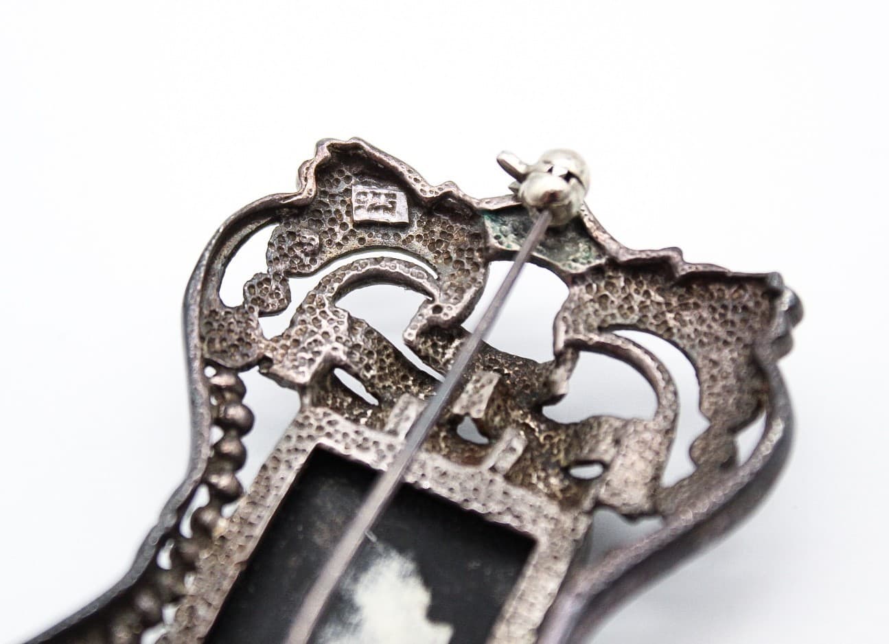 Vintage Art Deco 925 Sterling Silver Black Onyx Marcasite Filigree Brooch Pin - Thumbnail 7