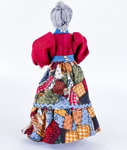 Vintage Patchwork Fashion Dress Grandma Gray Hair Miniature Porcelain Doll - Thumbnail 3
