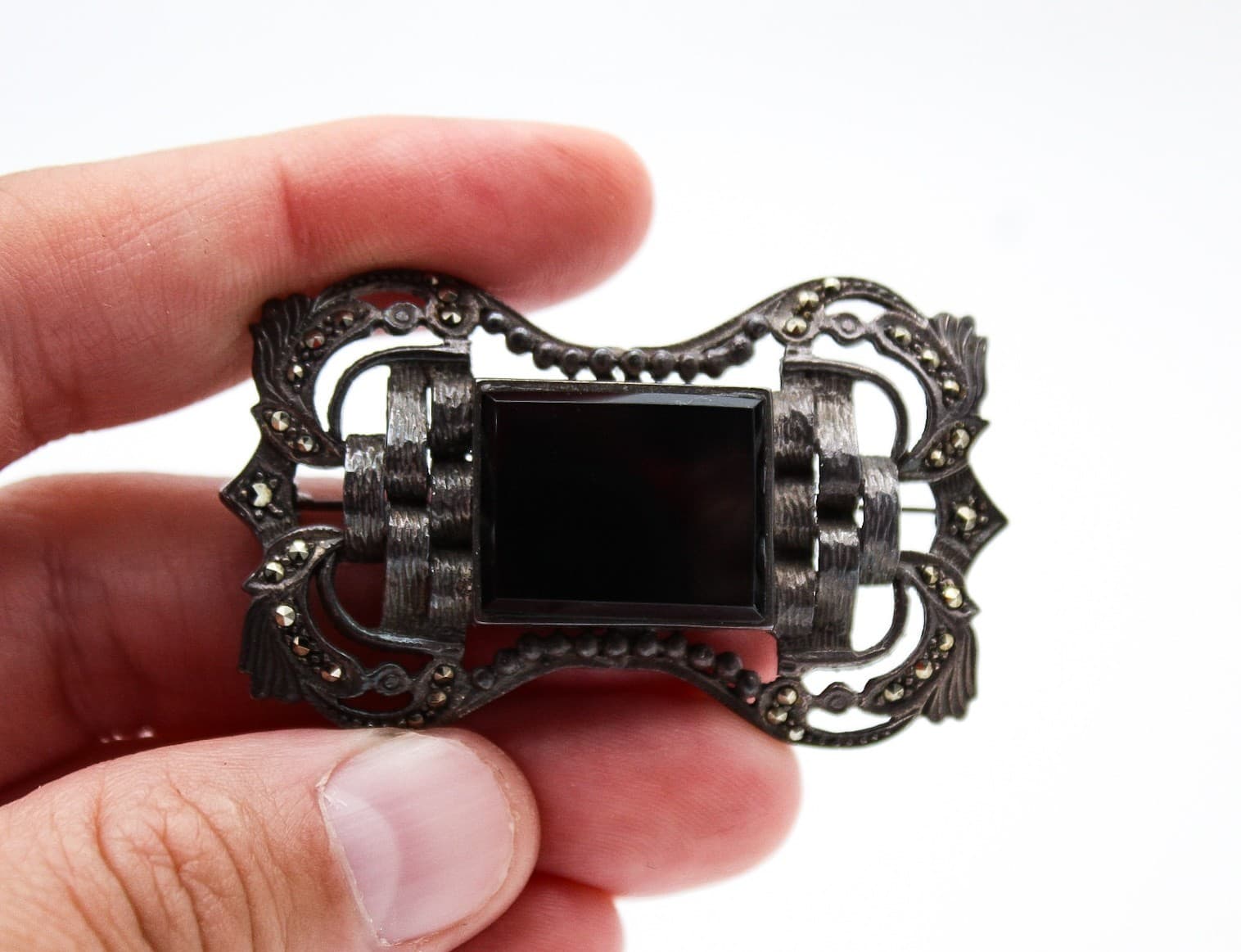 Vintage Art Deco 925 Sterling Silver Black Onyx Marcasite Filigree Brooch Pin - Thumbnail 4