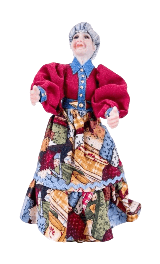 Vintage Patchwork Fashion Dress Grandma Gray Hair Miniature Porcelain Doll