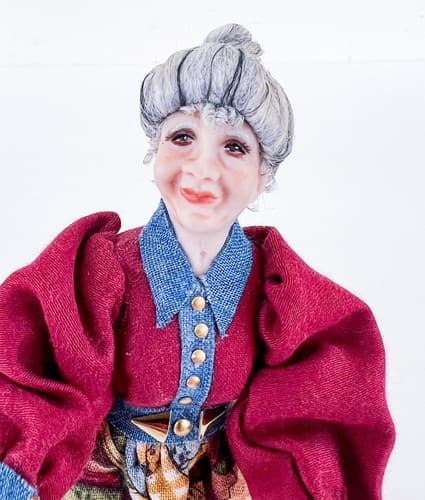 Vintage Patchwork Fashion Dress Grandma Gray Hair Miniature Porcelain Doll - Thumbnail 2