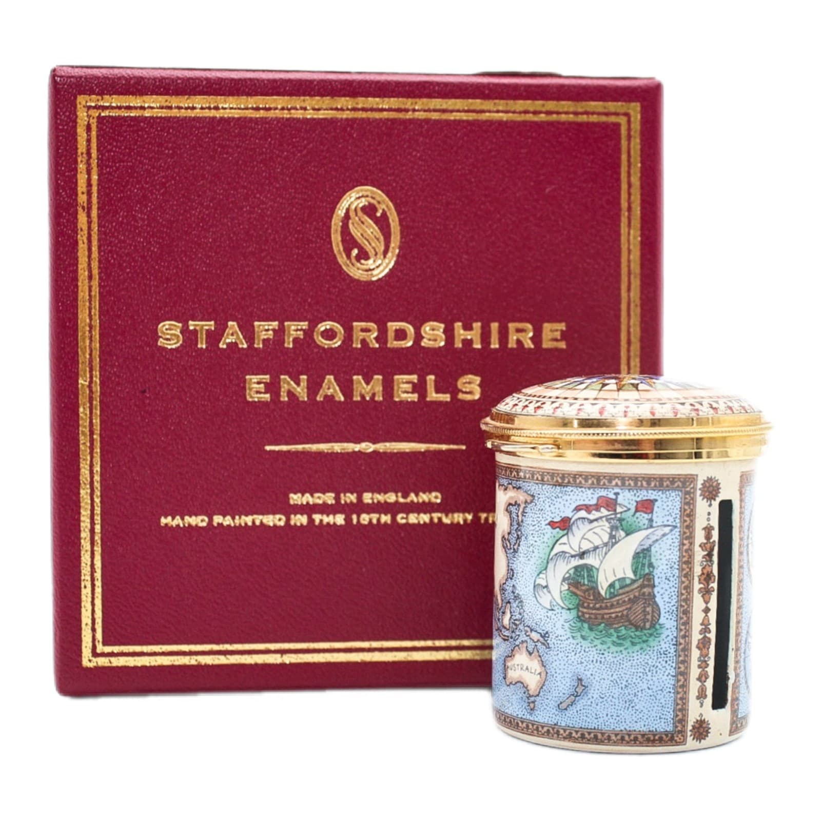Staffordshire Enamels World Map & Ship Cylindrical Enamel Roll Stamp Box