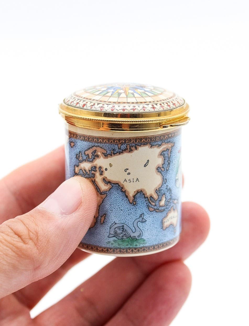 Staffordshire Enamels World Map & Ship Cylindrical Enamel Roll Stamp Box - Thumbnail 3