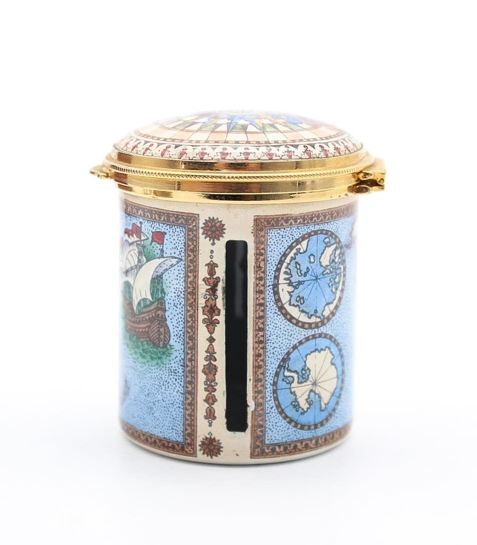 Staffordshire Enamels World Map & Ship Cylindrical Enamel Roll Stamp Box - Thumbnail 5