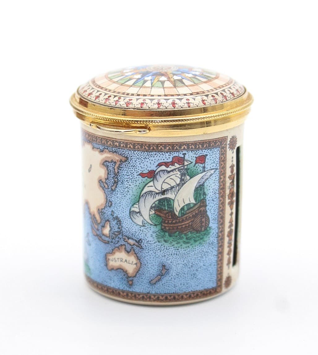 Staffordshire Enamels World Map & Ship Cylindrical Enamel Roll Stamp Box - Thumbnail 4
